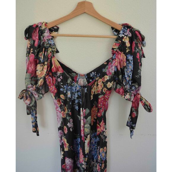 Selkie The Puck Poet 100% Silk Multicolor Floral Sweetheart Puff Sleeve Dress - Picture 7 of 11